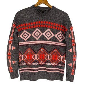 J.Crew Fair Isle Knit Sweater XS Grey Red Pink Geometric Wool Blend Nordic